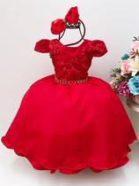 Vestido Infantil Vermelho Renda C/ Cinto De Pérolas C/tiara