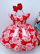 Vestido infantil vermelho rosas c/ laço strass princesas