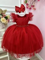 Vestido Infantil Vermelho Strass no Busto e Cinto de Pérolas Super luxo festa 3589VE