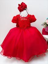 Vestido Infantil Vermelho Tule Rendado Cinto Pérolas - tamanho 4