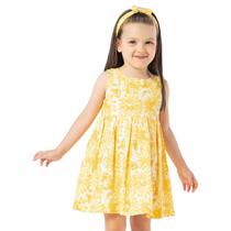 Vestido Infantil Viscose Amarelo com Forro, Pregas e Faixa de Cabelo