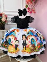 Vestido Infantil Wandinha Halloween Preto Busto Strass Luxo Festa 4233PT