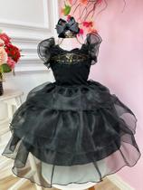 Vestido Infantil Wandinha Preto Com Babados Luxo Festa 3194PT