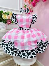 Vestido Infantil Xadrez Branco Rosa Fazendinha Vaquinha Laço luxo festa