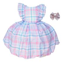 Vestido Infantil Xadrez Candy-color Algodão Luxo Com Tiara