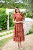 Vestido Jade Max Midi em Tela Bordada com Flor Removível - Preto e Telha