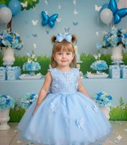 Vestido Jardim das Borboletas Azul Bebê - Confeccionado em Tecido Misto Vestido Jardim das Borboletas Azul Bebê - Confeccionado em Tecido Misto