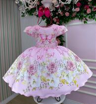 Vestido Jardim Encantado Borboleta Rosa - Tecido Misto com Forro