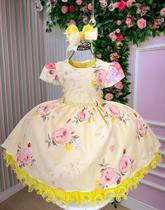 Vestido Jardim Encantado Floral Festa Luxo Amarelo para Crianças