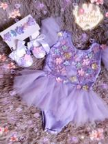 Vestido jardim encantado - Kit 3 peças Romper + Asa + Faixa