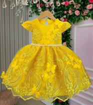 Vestido Jardim Encantado Realeza Amarelo Luxo - Tecido Misto com Forro