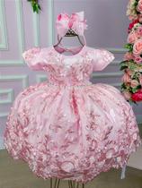 Vestido Jardim Encantado Realeza Rosa Bebê com Apliques de Flores e Borboletas