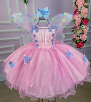 Vestido Jardim Encantado Rosa Borboletas Azul - Tecido Misto com Forro