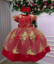 Vestido Jardim Encantado Vermelho com Dourado para Meninas - Marcelina