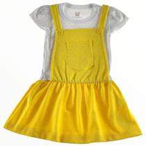 Vestido jardineira infantil branco estampado poá e amarelo ano novo