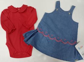Vestido Jeans + Body Malha Bebê Menina Luxo Paraiso Rf 13095