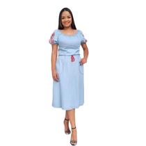 Vestido Jeans Ciganinha Manga Curta Moda Evangelica Bordado 185