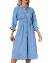 Vestido jeans CIMUK 2025 feminino com babados, manga 3/4, azul claro