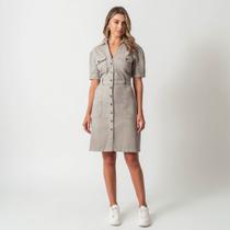 Vestido Jeans Color Confort Midi Joelho Manga Curta Caqui Cerâmica Vestido Jeans Color Confort Midi Joelho Manga Curta Caqui Cerâmica