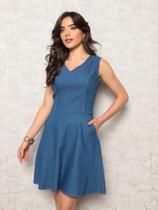 Vestido Jeans Curto Azul Liso Gola V Casual Feminino Elegante Basico Denim Alta Qualidade Vestido Jeans Curto Azul Liso Gola V Casual Feminino Elegante Basico Denim Alta Qualidade