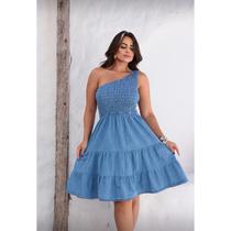 Vestido jeans curto ombro só” Estilo e conforto