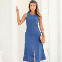 Vestido Jeans Feminino Mid Com Ziper Liso Casual Godê New