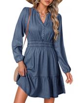 Vestido jeans Flvsun casual de manga comprida com decote em V para mulheres