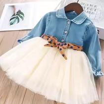 Vestido Jeans Infantil de Bebê Para Meninas com Saia de Tule Moda Versão Casual + Cinto Vestido Jeans Infantil de Bebê Para Meninas com Saia de Tule Moda Versão Casual + Cinto