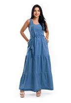 Vestido Jeans Longo Sem Manga Com Faixa