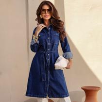 Vestido Jeans Manga Longa Com Cinto Feminina Revanche Cidônia