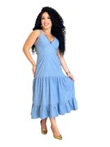 Vestido jeans midi com babados e alçinhas Vestido jeans midi com babados e alçinhas