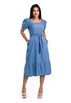 Vestido Jeans Midi de Manga Com Faixa na Cintura Vestido Jeans Midi de Manga Com Faixa na Cintura