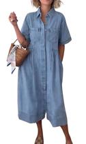 Vestido jeans midi de manga curta azul-claro XL chouyatou
