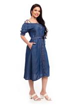 Vestido Jeans Midi Ombro a Ombro com alça Vestido Jeans Midi Ombro a Ombro com alça