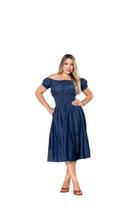 Vestido Jeans Midi Solto com Regulagem e Cintura Elastex