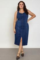 Vestido Jeans Plus Size, Azul Jeans Com Elastano, Com Fenda