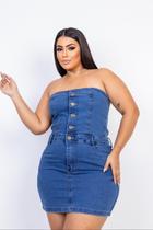 Vestido Jeans Plus Size com Lycra Feminino sem Alças Curto Sexy