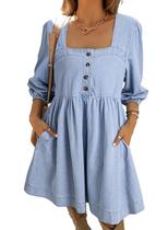 Vestido jeans Sidefeel Primavera Verão Manga 3/4 com gola quadrada