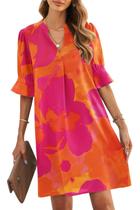 Vestido JOCAFIYE com decote em V, manga com babados, laranja, floral, L