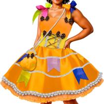 Vestido Junino Adulto Plus Size Rodado Laranja Com Bandeirinhas Super Luxo Feminino Com Bolsa