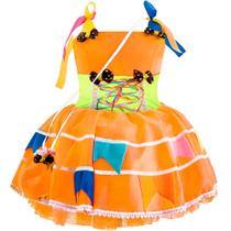 Vestido Junino Adulto Plus Size Rodado Laranja Com Bandeirinhas Super Luxo Feminino Com Bolsa