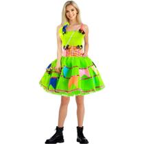 Vestido Junino Adulto Verde Neon Com Bandeirinhas e Bolsa