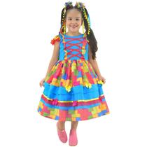 Vestido Junino Azul e Estampa com Efeito Retalho Luxo Vestido Junino Azul e Estampa com Efeito Retalho Luxo