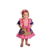 Vestido Junino Bambolê Floral Com Avental e Tiara Azul Rosa Vestido Junino Bambolê Floral Com Avental e Tiara Azul Rosa