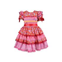 Vestido Junino Bambolê Floral Com Calção Vermelho e Rosa