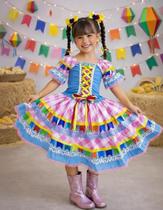Vestido Junino Caipira Azul Saia Xadrex Colorido Infantil