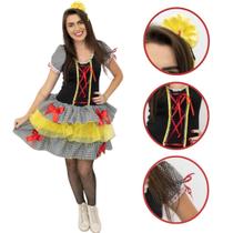 Vestido Junino de Caipira Adulto Quadriculado Preto e Amarelo São João