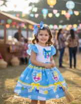 Vestido Junino Festas Azul Coração Colorido Infantil