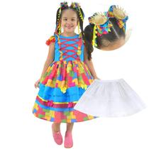 Vestido Junino Infantil Azul Efeito Retalho + 2 Laços + Saia Armação