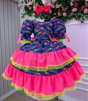 Vestido Junino Infantil Azul Pink Luxo Bandeirinha do Amor - Festa Junina